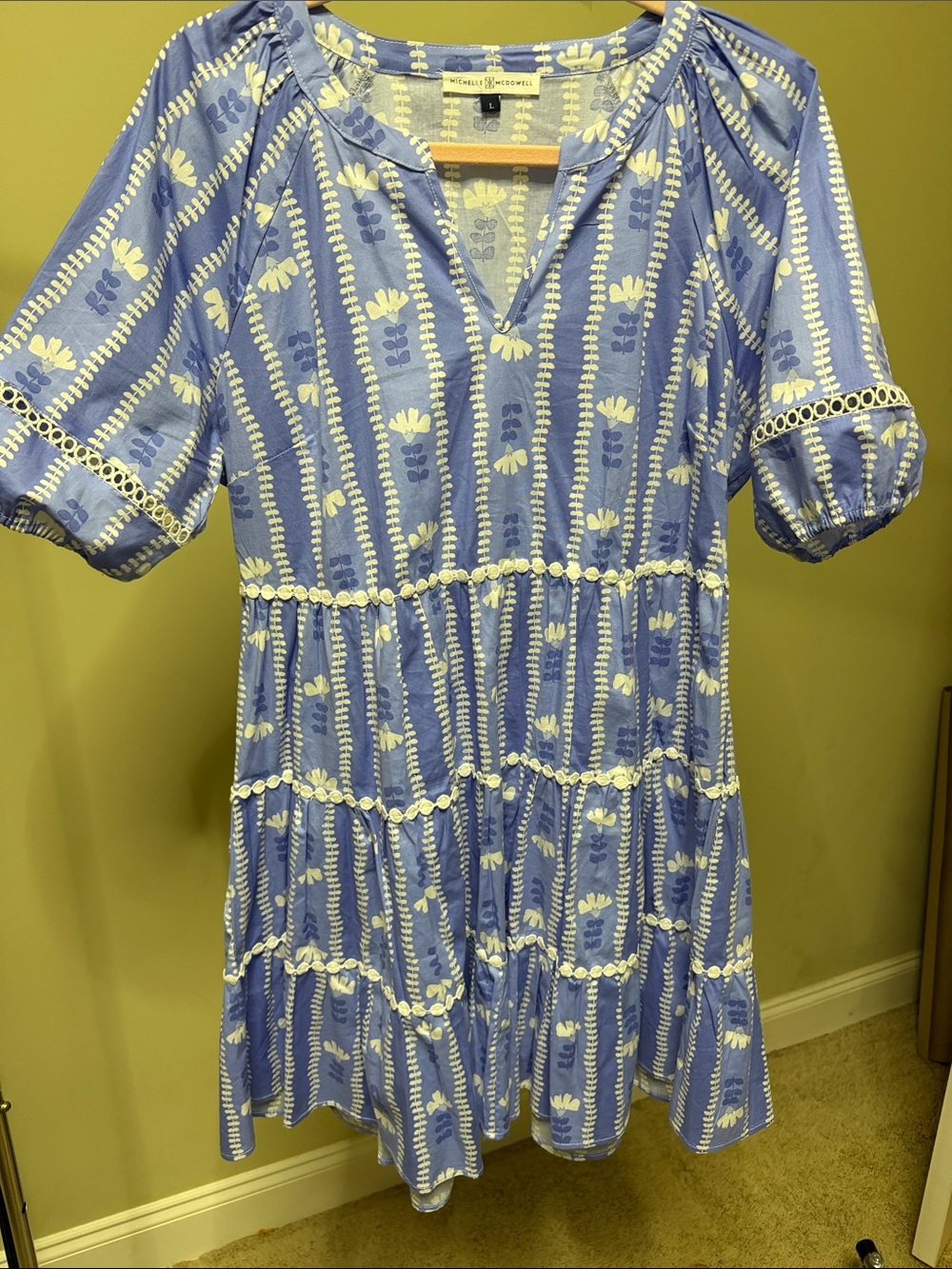 Michelle McDowell Blue and White Floral Tiered Popover Dress